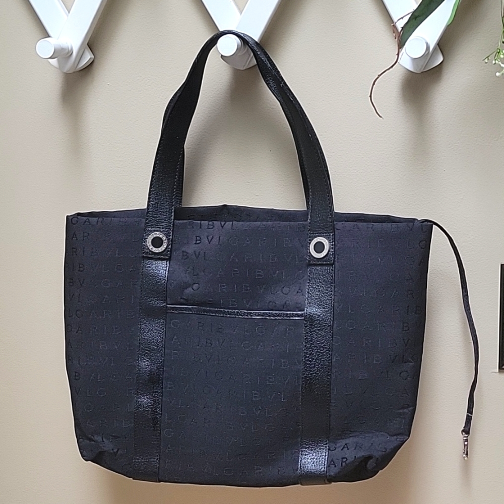 BVLGARI Monogram Leather-Trimmed Shoulder Bag/Tote with Signature Red Lining